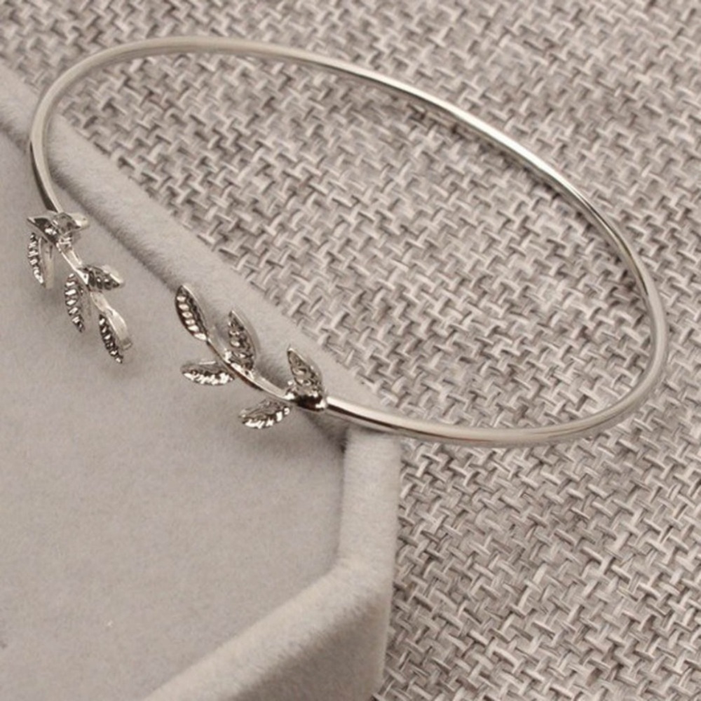 Silvertone Open Bangle Leaf Bracelet
